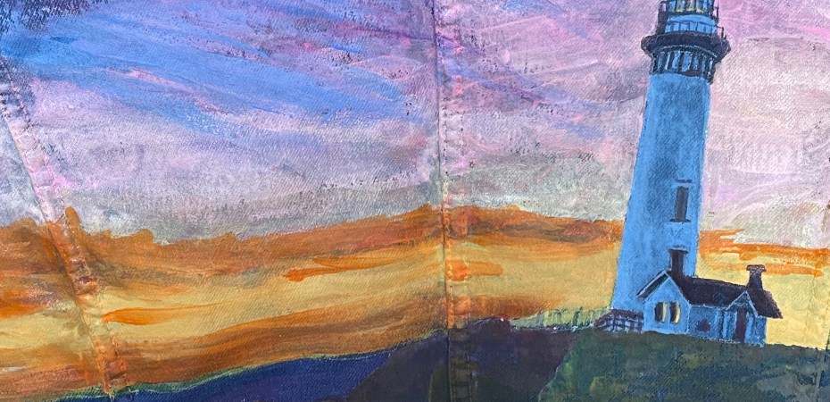 denim jacket with lighthouse painting on the back